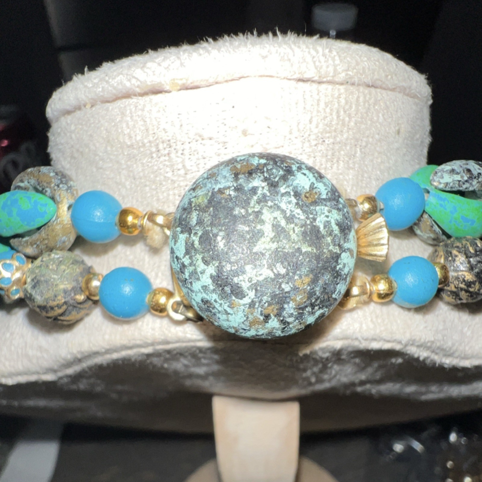 Vintage Beaded Statement Necklace Blue Green Gold Tone Stamped Hong Kong