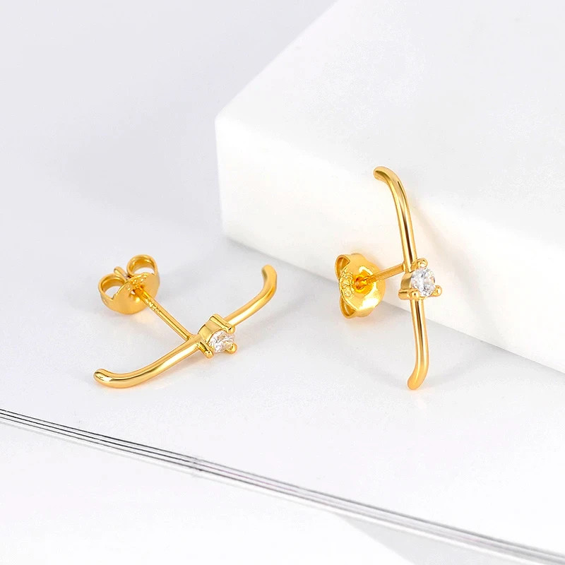 925 Sterling Silver CZ Bar Stud Earrings Tiny Curved Suspender Women Gift
