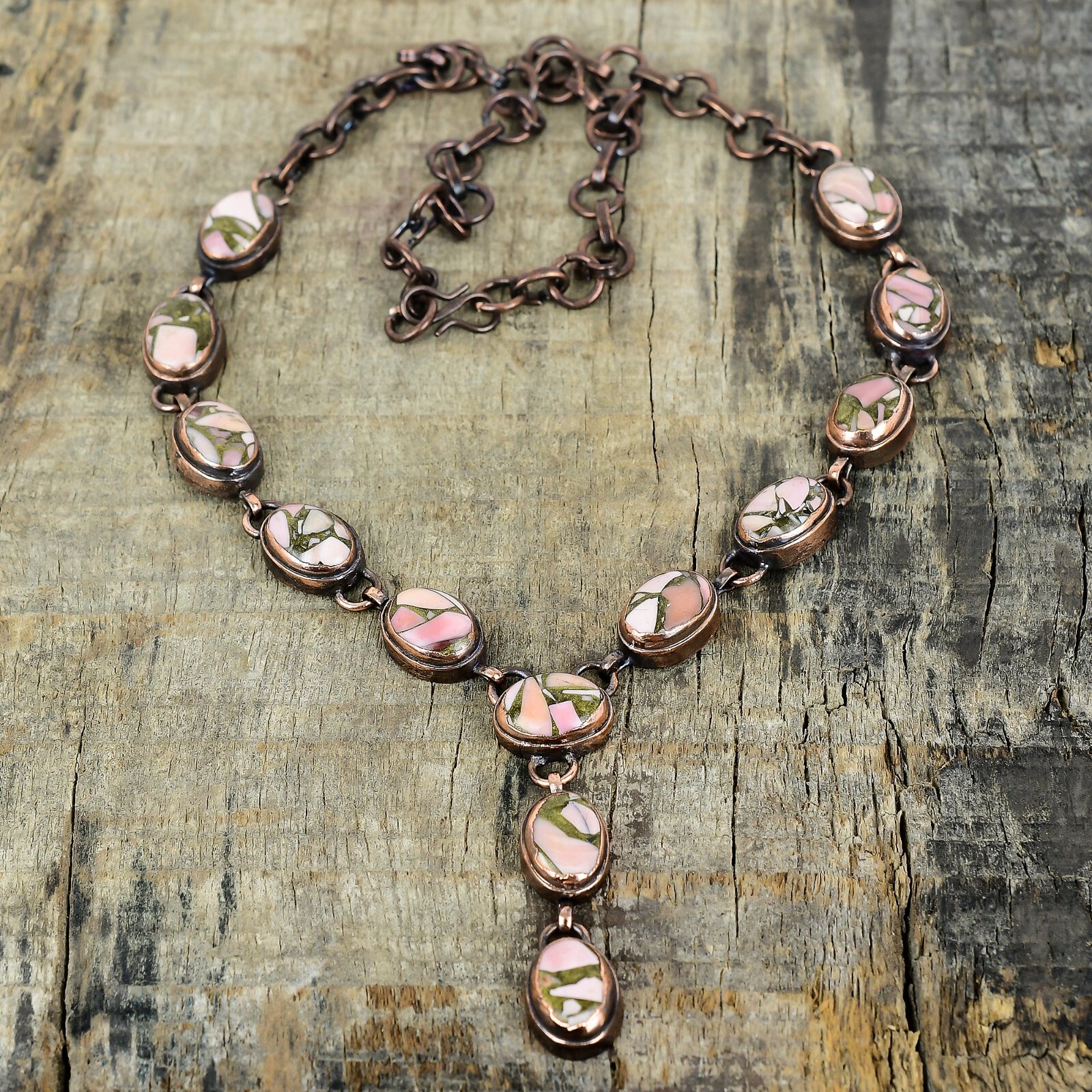 Oval Copper Pink Opal Gemstone Chain Electroformed Wife Necklace Jewelry Copper
