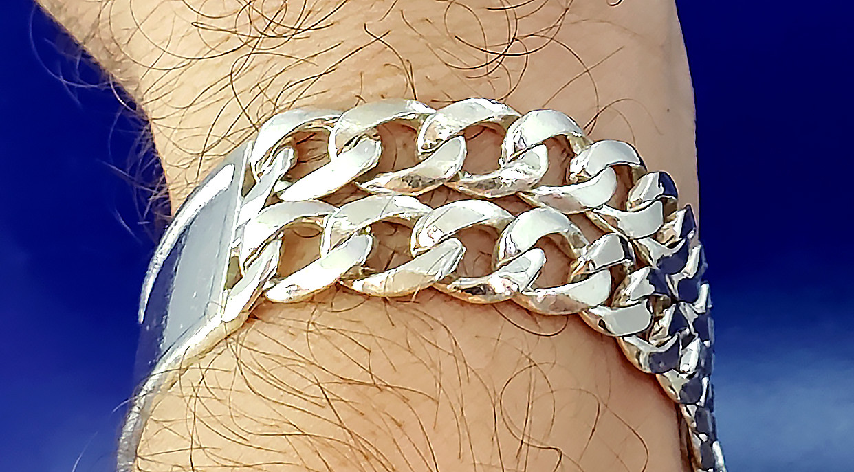 Heavy Solid Sterling Silver 2 Row Curb Link ID Bracelet Handmade in USA 39 Grams