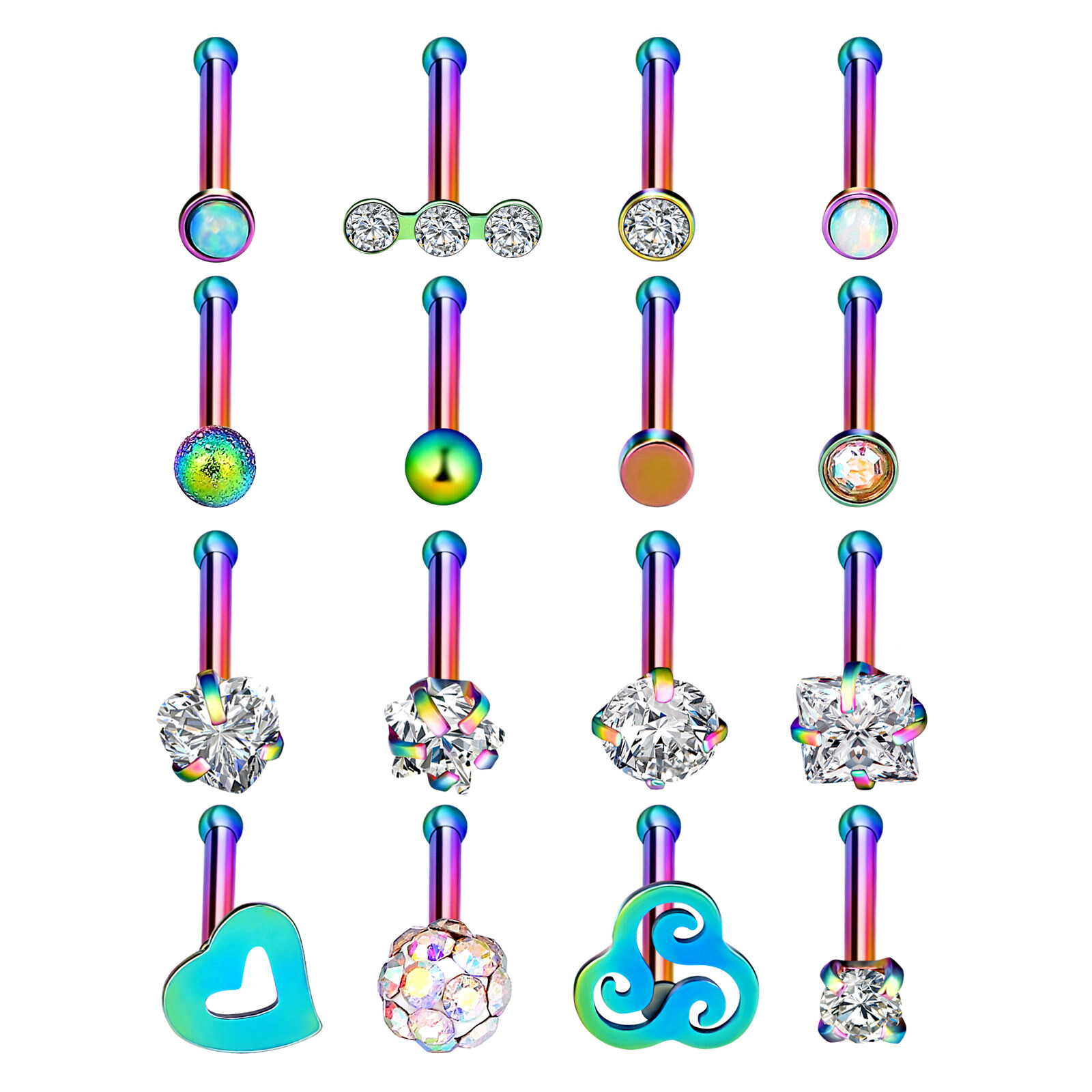 16PCS/LOT Bone Stud Nose Ring Mixed Color Stainless Steel Straight Nose Stud 20G