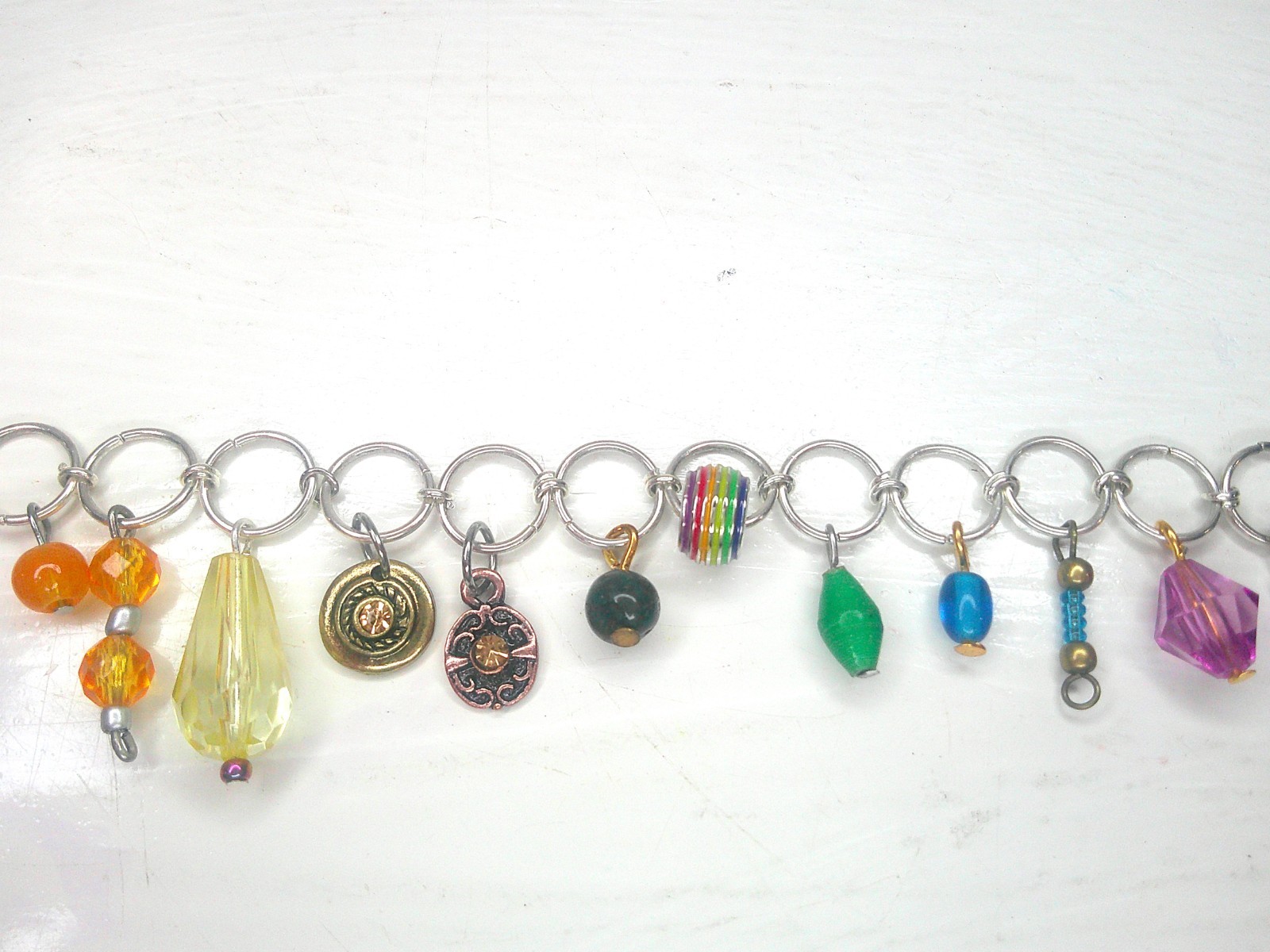 Charm Bracelet Unique Silver tone Upcycled Acrylic Beaded Colorful Petite 6.5 in