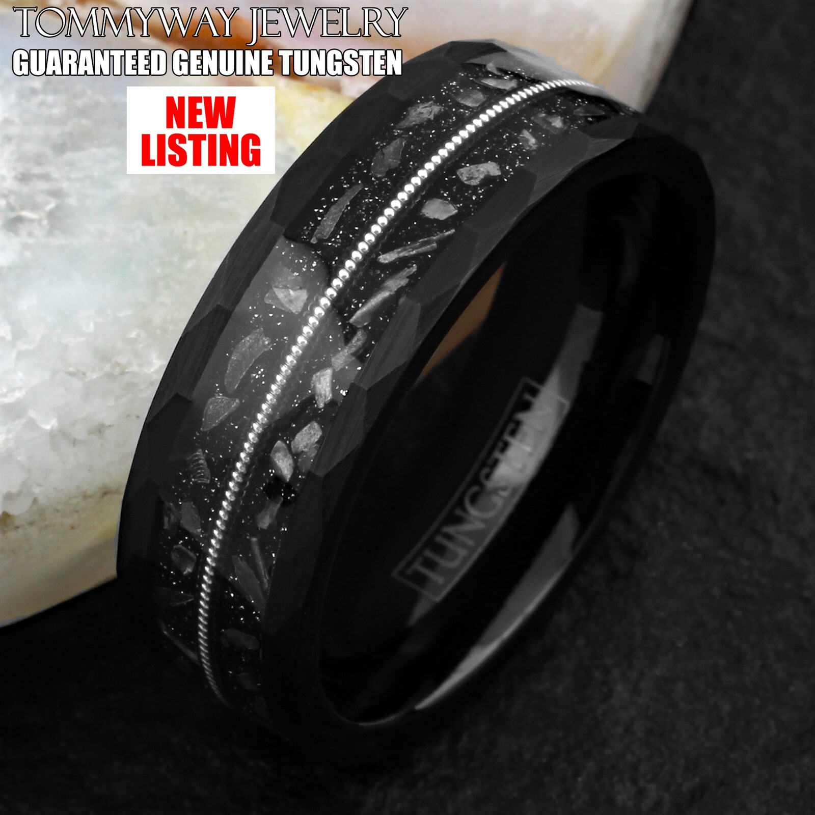 8mm Black Tungsten Carbide w/ Faux Meteorite Guitar String Band Ring