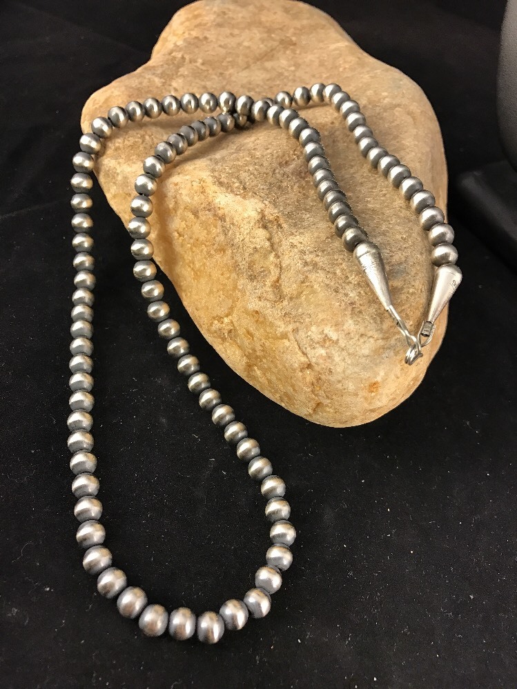 Southwestern 3mm Sterling Silver Pearls 20″ Hook Eye Cone Necklace