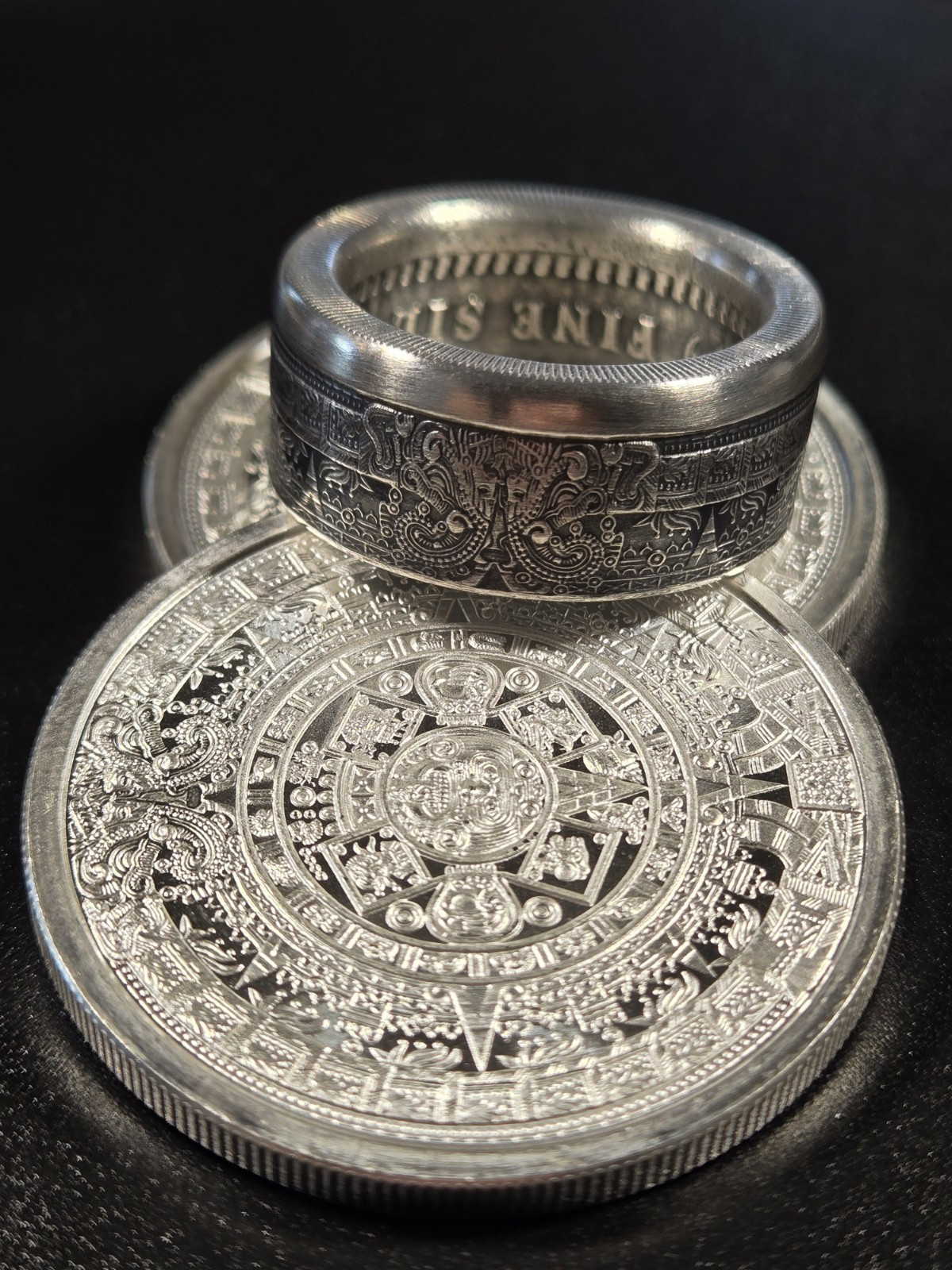Aztec Calender .999 Pure Silver COIN RING Sz 9-14 Azteca Mayan 1 Troy Oz Coin