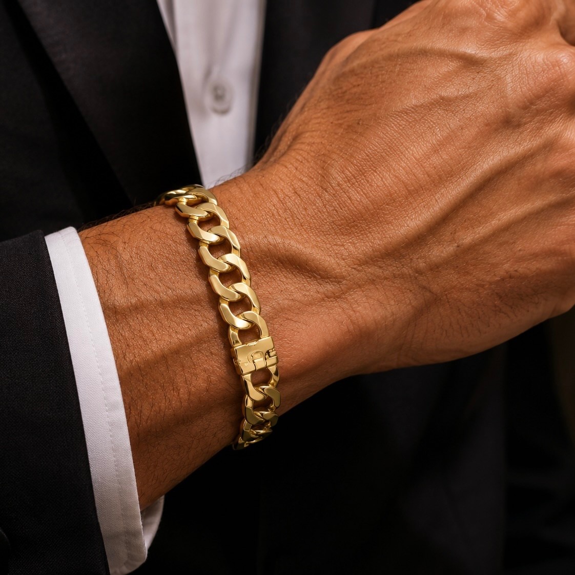 Solid 14K Gold Tiger Eye Link Bracelet Mens 9in Long 7mm Heavy 52.2gr Italy New