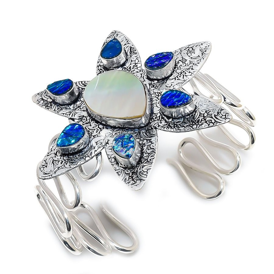 Mother Of Pearl, Opal Gemstone Handmade Cuff Bracelet Adjustable