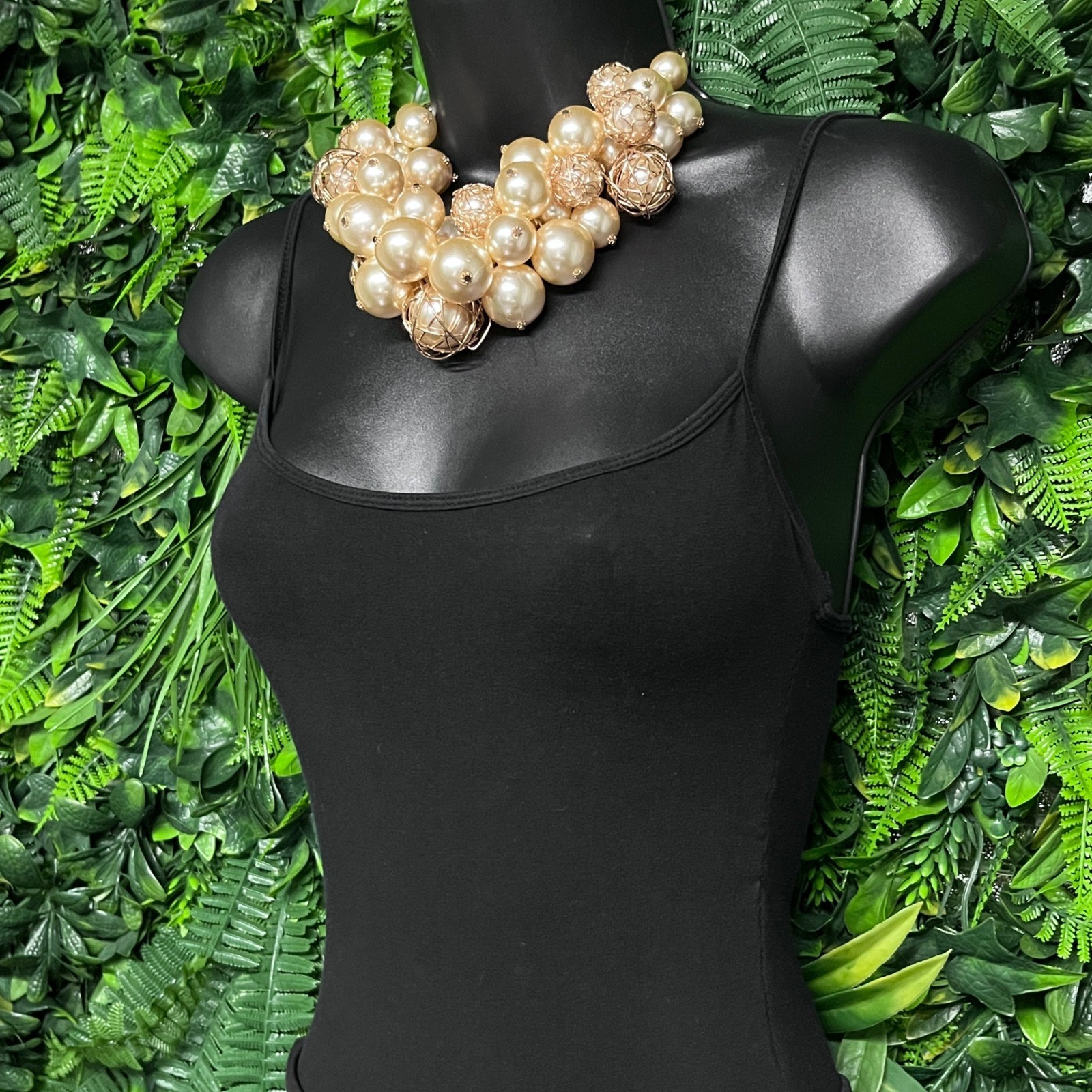 Statement Bib Necklace Gold Tone Champagne Faux Pearl Cluster Wire Cage 3979