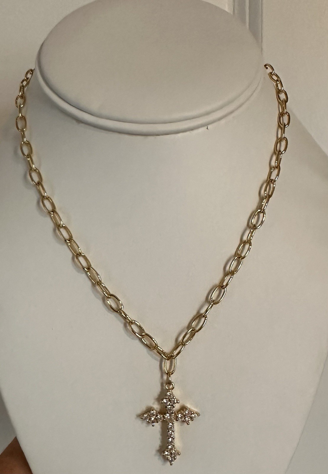 Gold Tone Oval Link Chain Necklace Crystal Cross Charm Pendant Adjustable