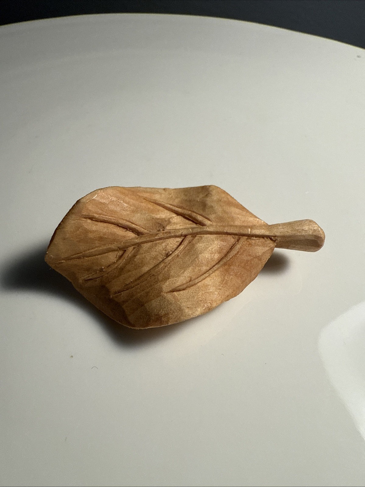 Vintage Hand Carved Wood Leaf Brooch Pin Artist Signed
