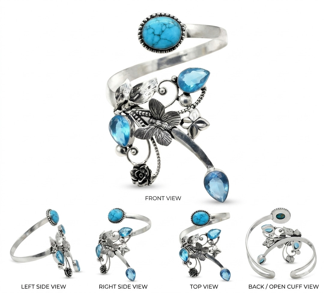 Turquoise Blue Topaz Cuff Bracelet 925 Sterling Silver Handmade ADJ Jewelry