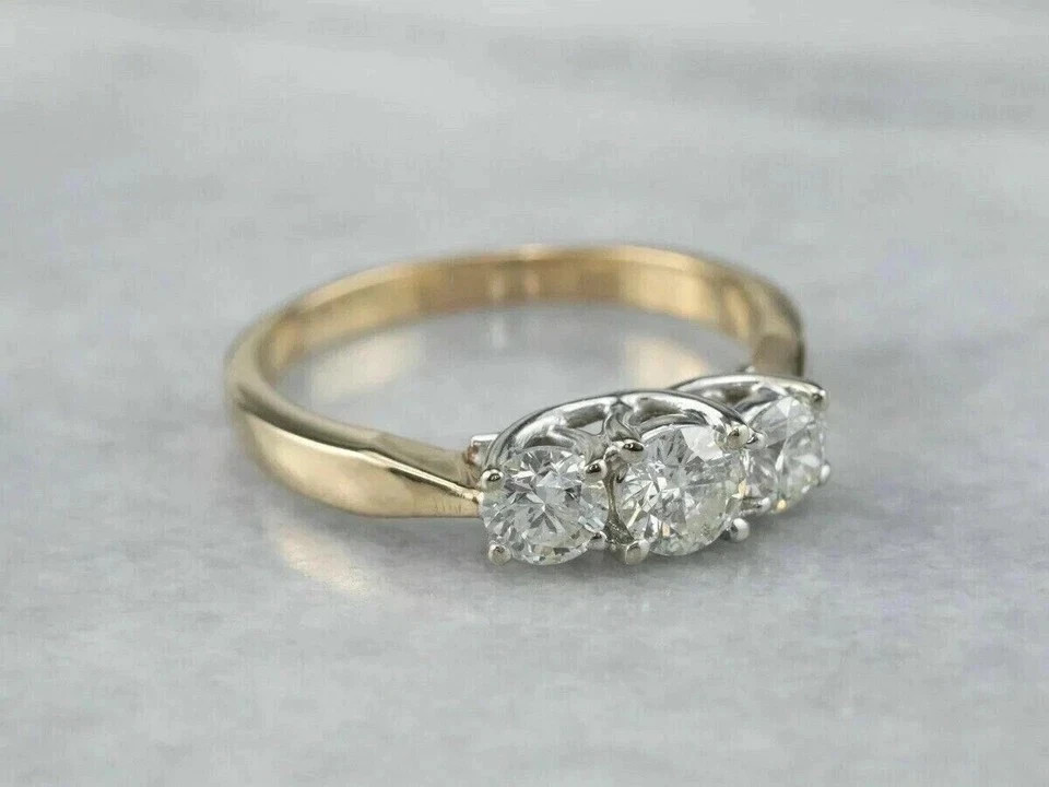 Art Deco Style Lab Created Diamond Three-Stone 14K Yellow Gold FN Wedding Ring
