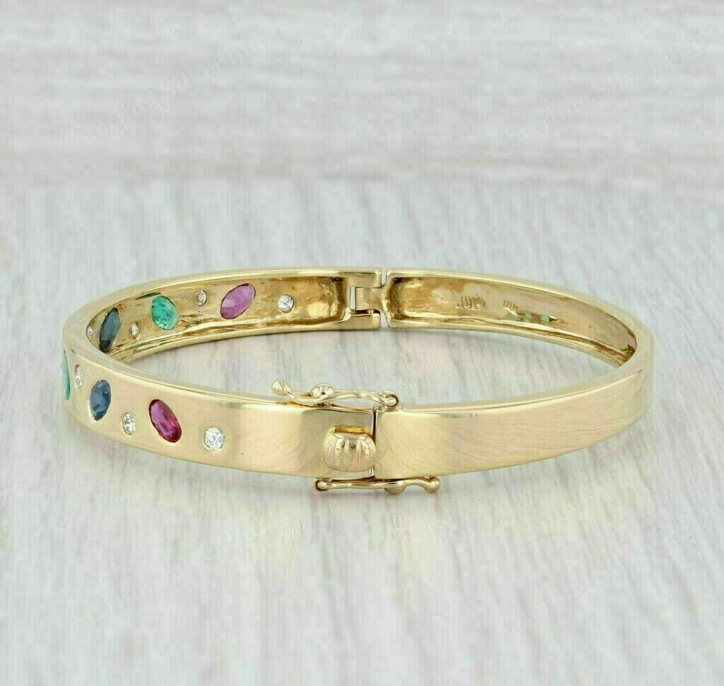 Oval 5Ct Lab Created Ruby & Multi Color Gemstone Bangle 14K Yellow Gold Finish