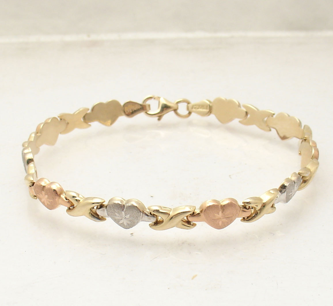 7″ Hearts & Kisses Bracelet 10K Yellow White Rose TriColor Gold Plated Silver