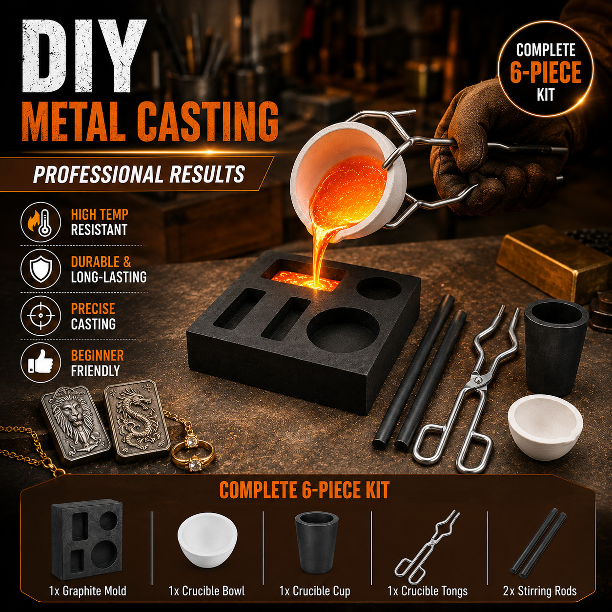 Graphite Casting Mold and Crucible Combo Kit 6PCS for Gold Silver Copper Melt