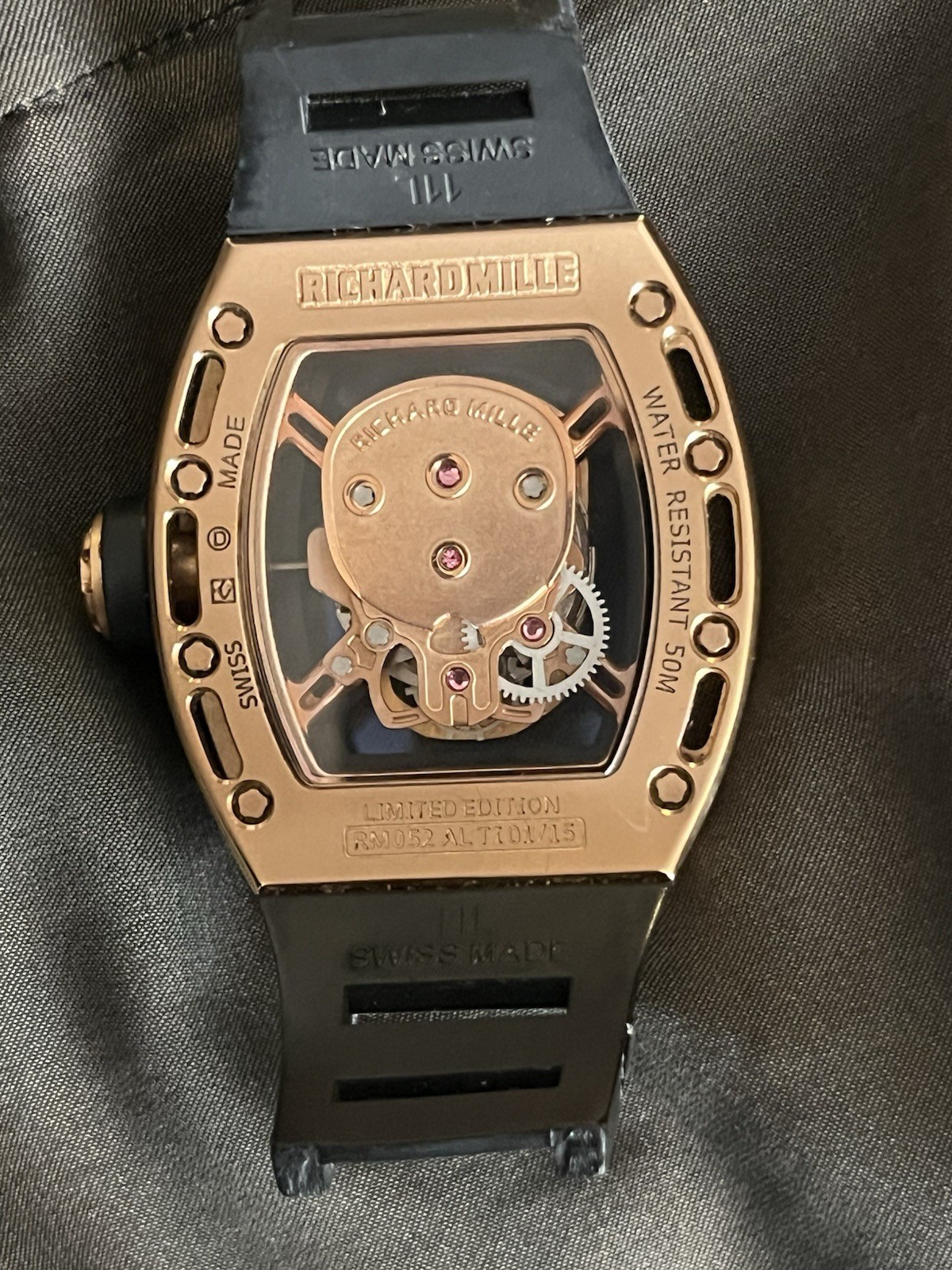 Richard Mille RM 052 Skull Skeleton Manual Mechanical Rose Gold 50m Black Strap