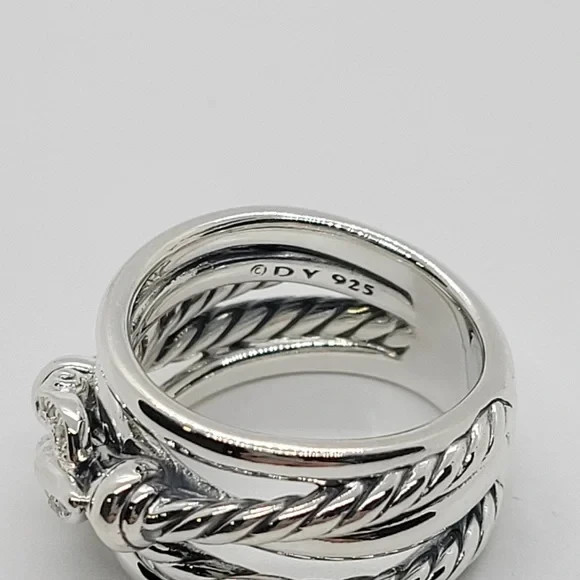 David Yurman Sterling Silver and Diamonds Buckle Crossover Ring Size 8