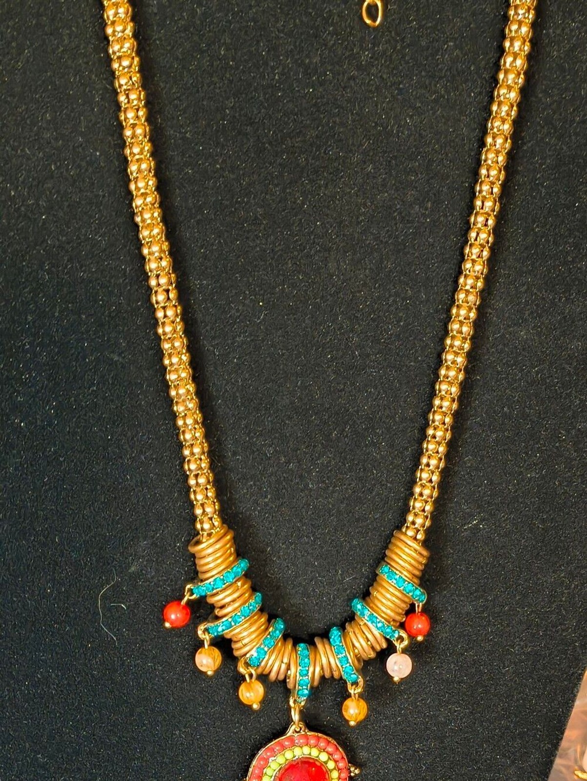 Boho Statement Necklace Gold Tone Red Glass Cabochon Turquoise Rhinestones