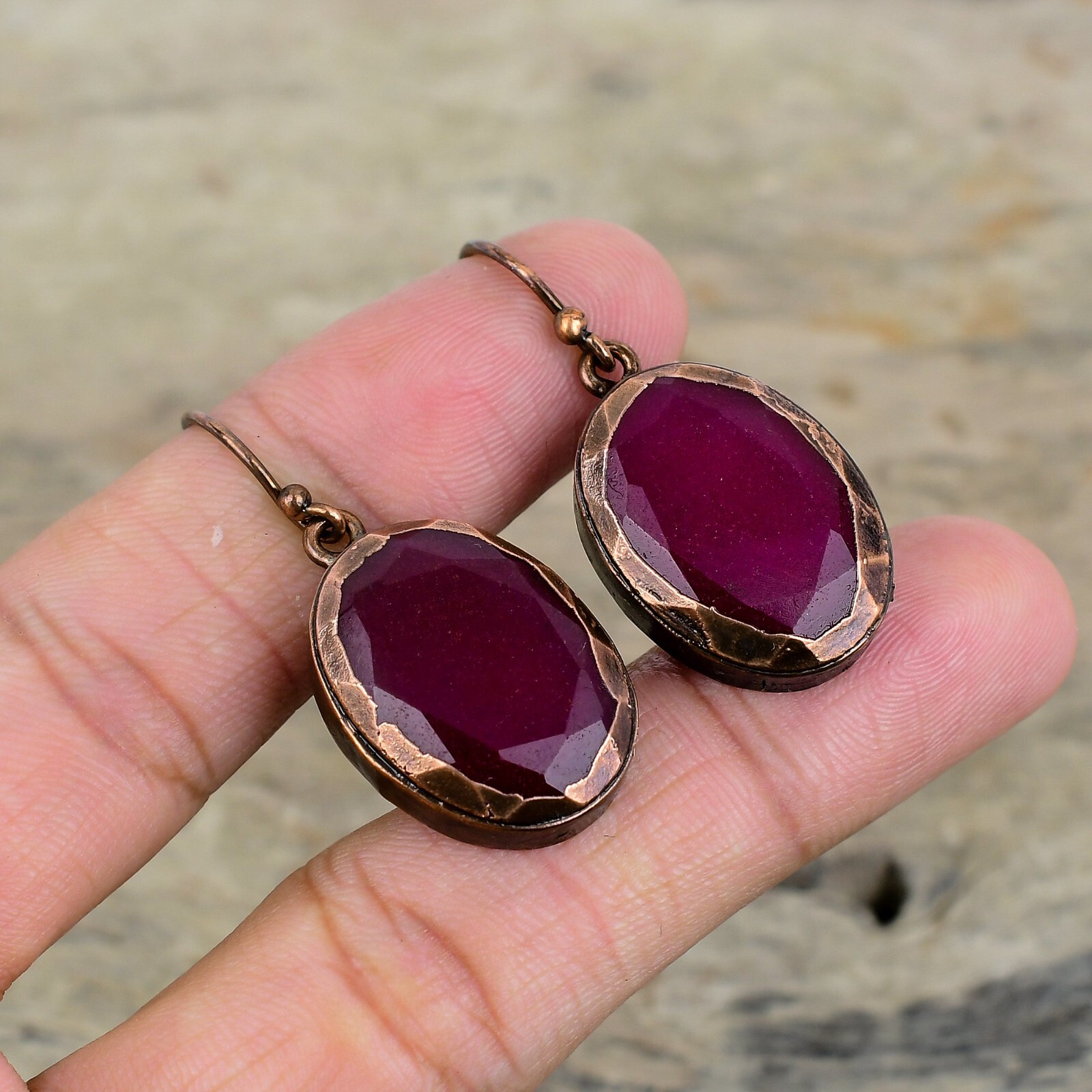 Natural Kashmir Rubi Copper Bezel Dangle Electroformed Daughter Earrings Jewelry