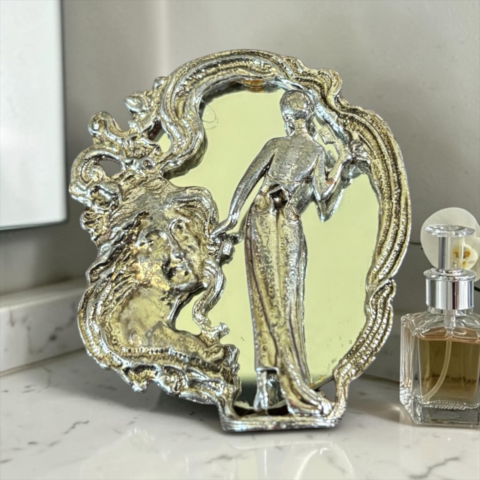 Art Nouveau Lady Mirror Brooch Silver Tone Vanity Beauty Pin