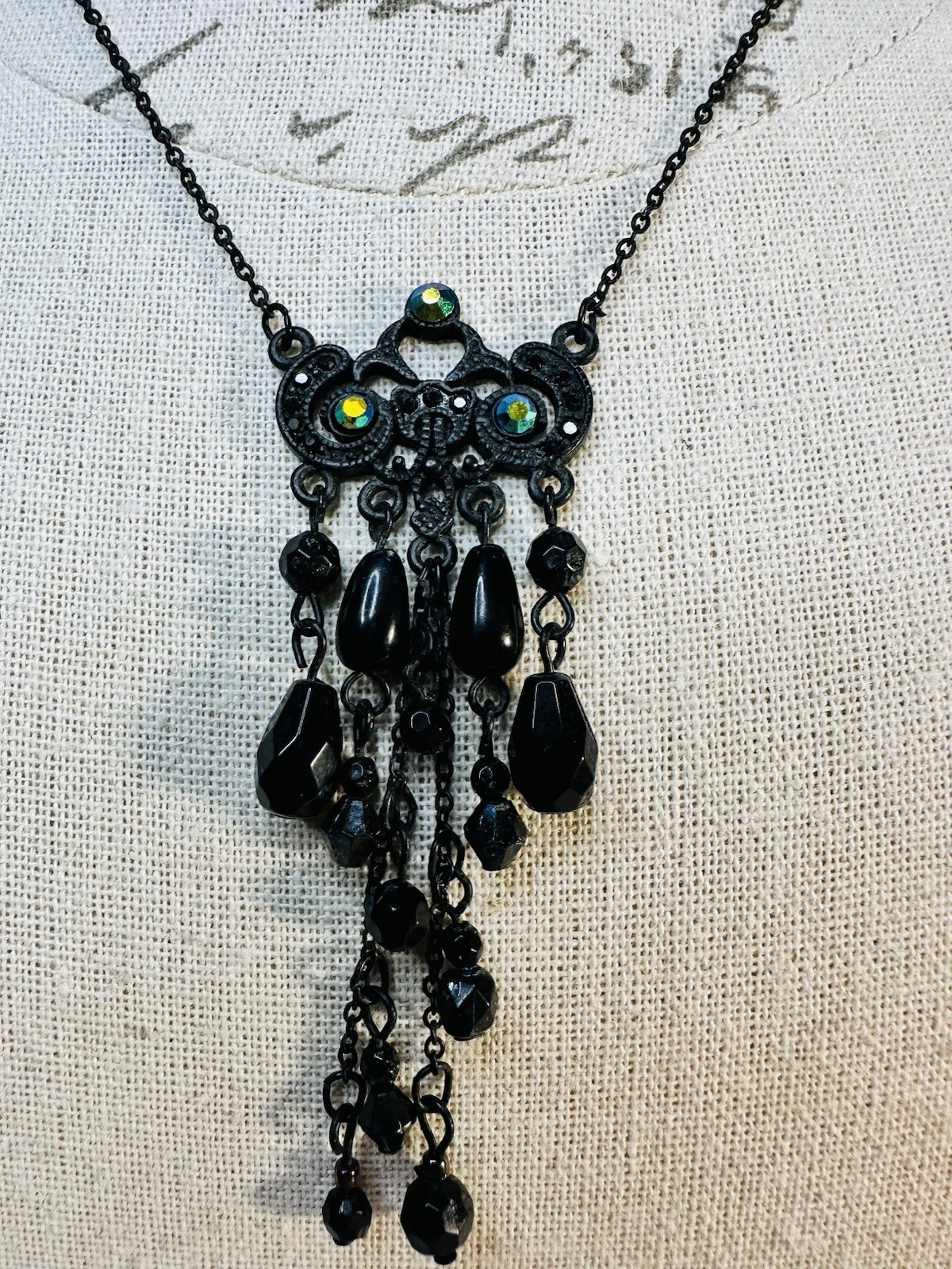 Black Dangle Fringe Necklace with Aurora Accent Crystals and Black Beads