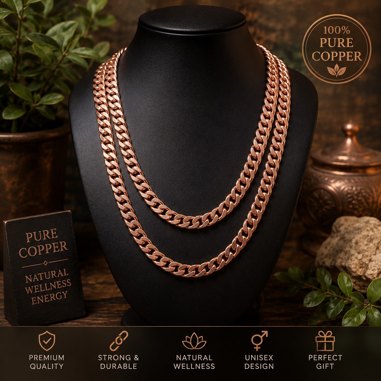 Pure Copper Cuban Chain Necklace – 7 mm Heavy Cuban Link Chain 22″-24″