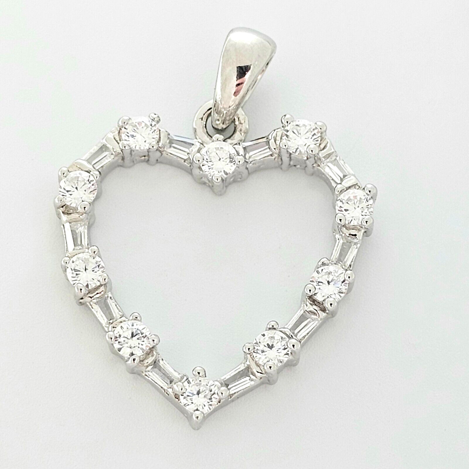 Solid 925 Sterling Silver Heart Outline Pendant With Round & Baguette, Prong Set