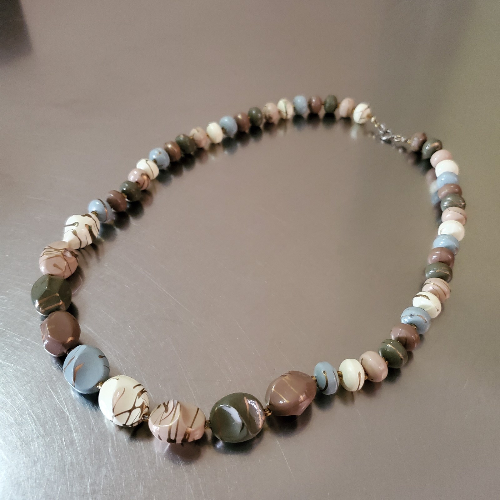 Vintage Multicolor Necklace Brown Blue Gold Beige White Green Beaded 22.5 inch