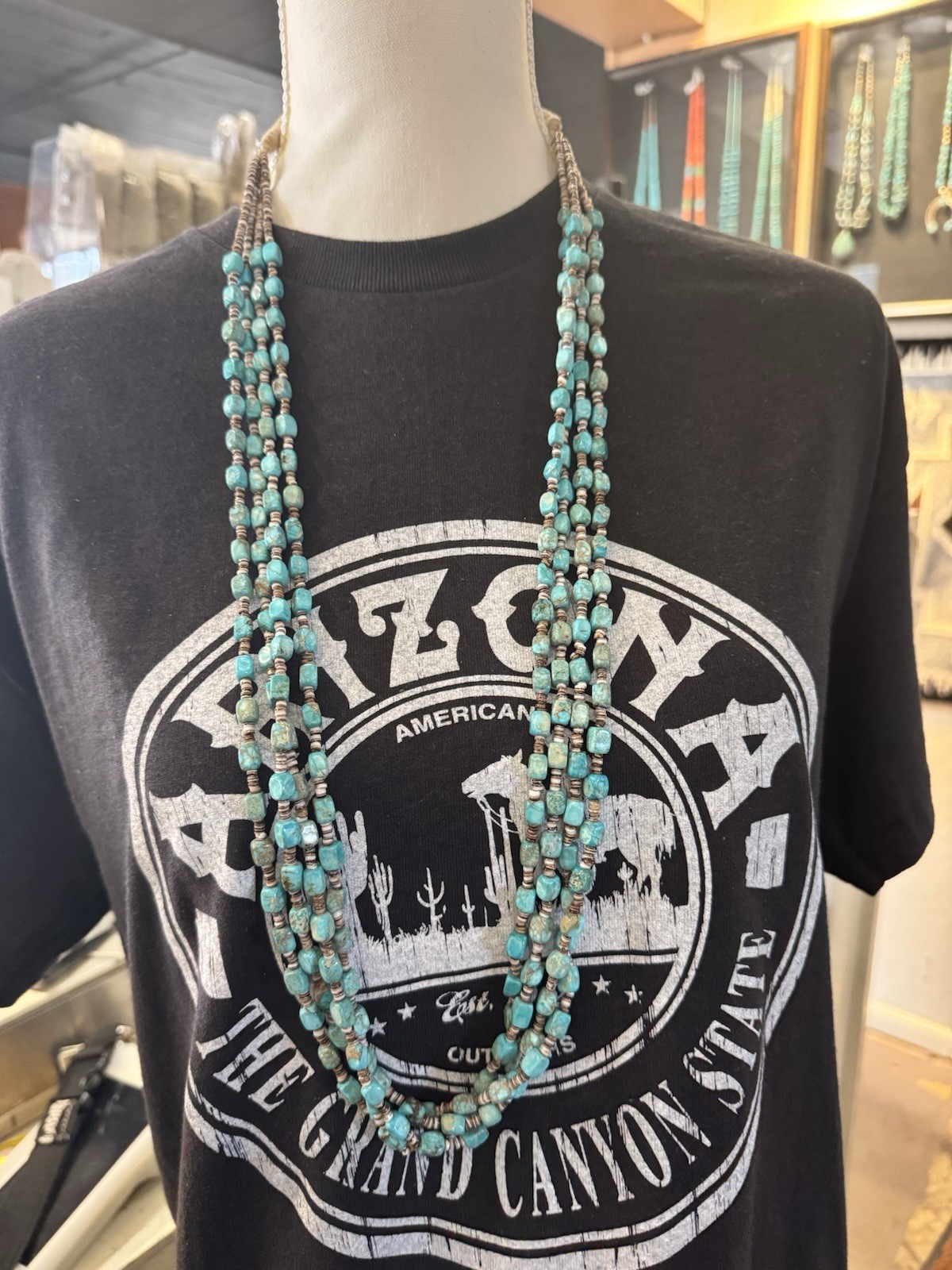4 Strand Turquoise Nugget & Heishi Shell Necklace Blue Green Southwest 36”