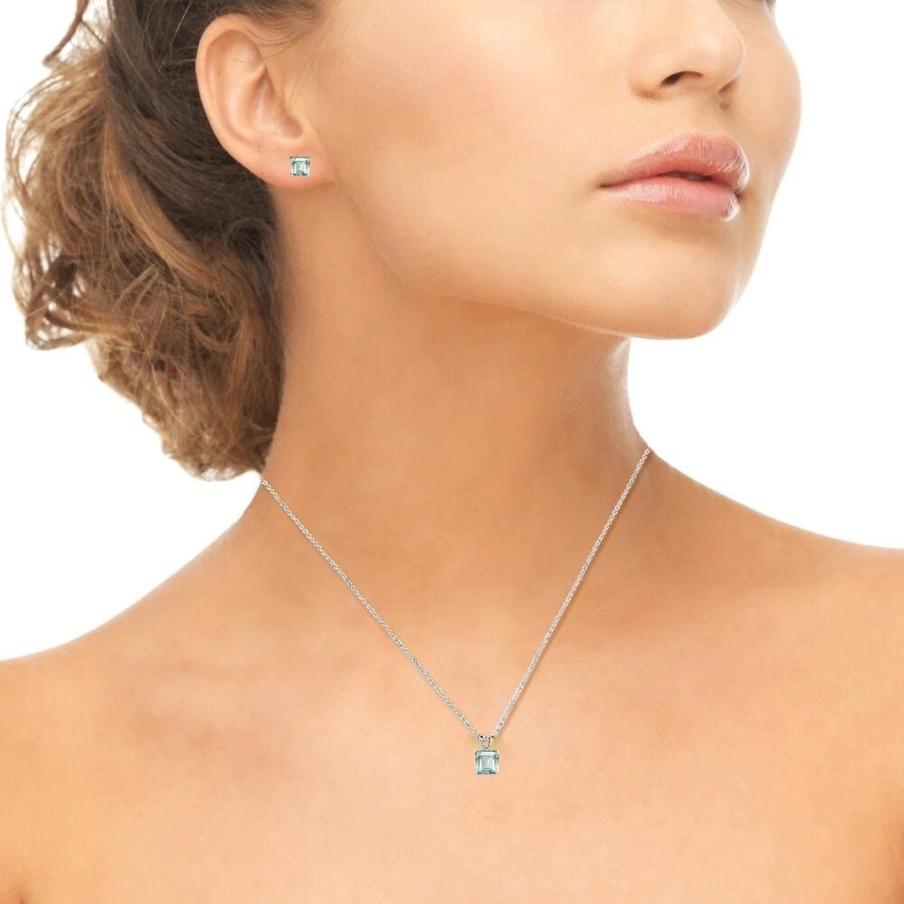 Princess-Cut Solitaire Aquamarine Necklace & Stud Earrings Set in 925 Silver