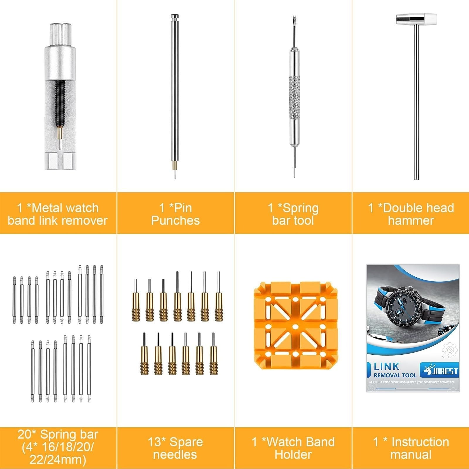 JOREST Watch Link Removal Tool Kit – 20PCS Spring Bars & User Manual