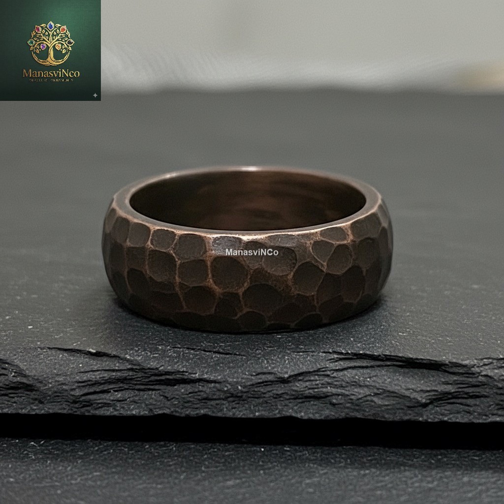 Antique Hammered Copper Patina Ring, Half Round Rustic Band, Handmade Jewelry