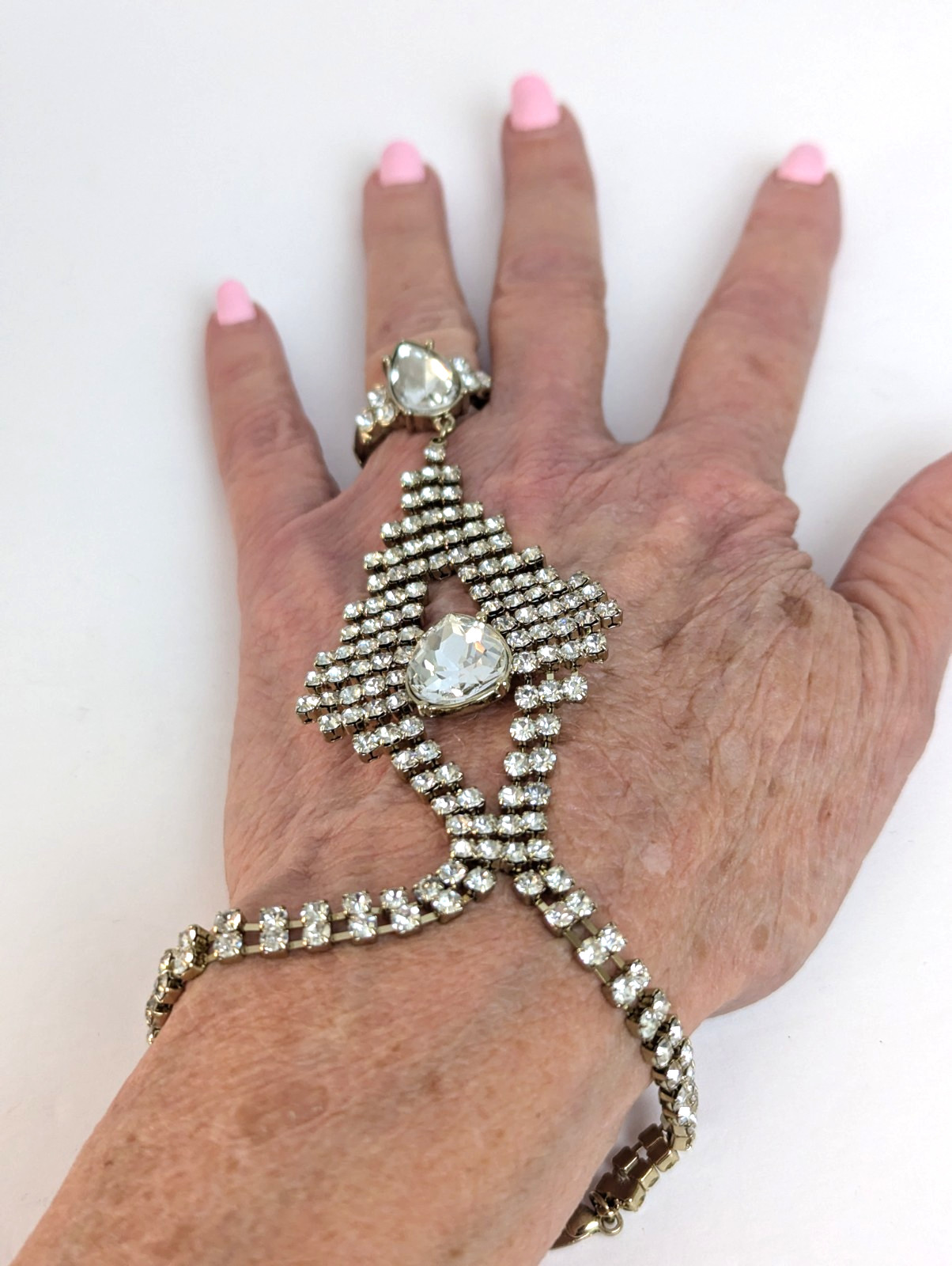 Extreme Glitz Rhinestone Ring and Slave Bracelet Prong Set Stones Elegant Bling