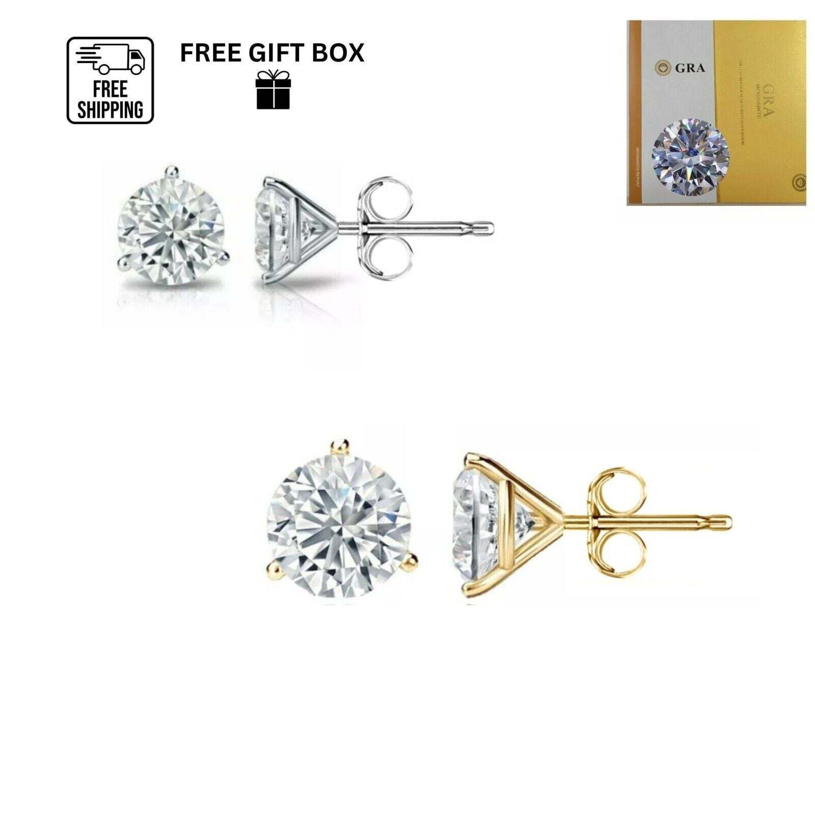 14K Gold GRA Certified D-VVS1 Round Moissanite Martini Push Back Stud Earrings