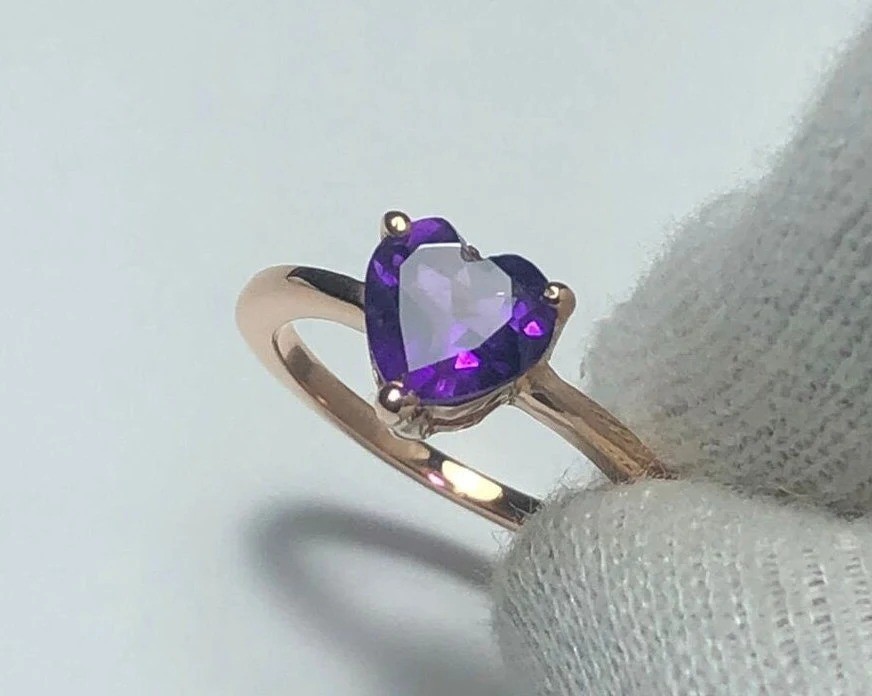 Natural Amethyst Heart Ring: Sterling Silver Love Ring