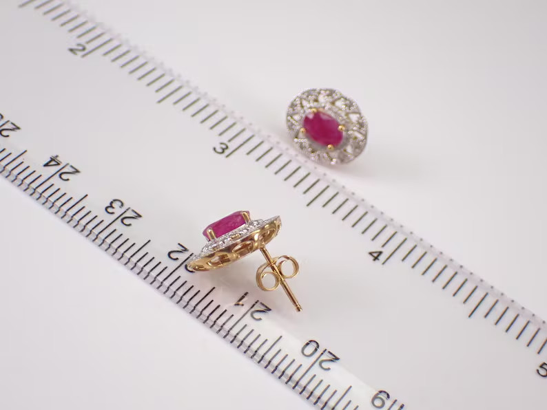 2.20Ct Oval Cut Lab Created Ruby Snowflake Stud Earrings 14K Yellow Gold Plated