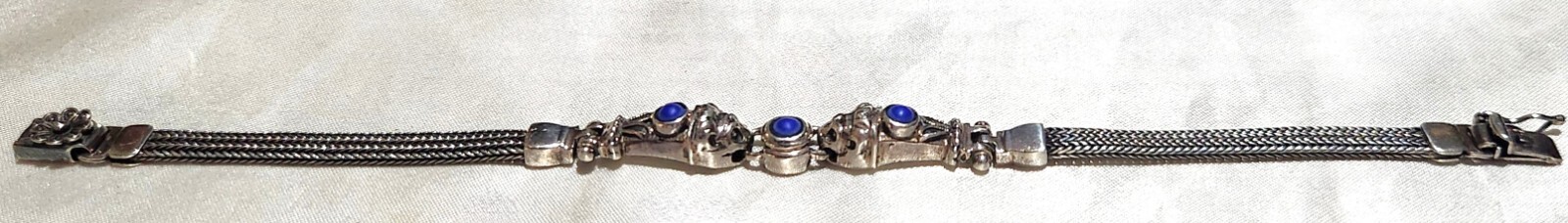 Sterling Silver Lapis Lazuli 3 Stone 4mm Wheat Chain 7 In Bracelet Signed OA 925