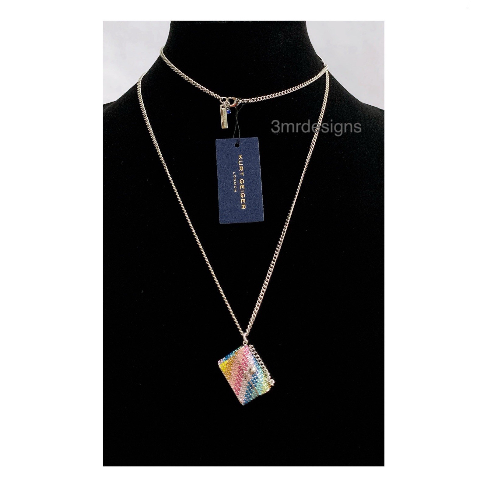 NWT KURT GEIGER Rainbow Crystals Silver Tone Kensington Mini Bag Long Necklace