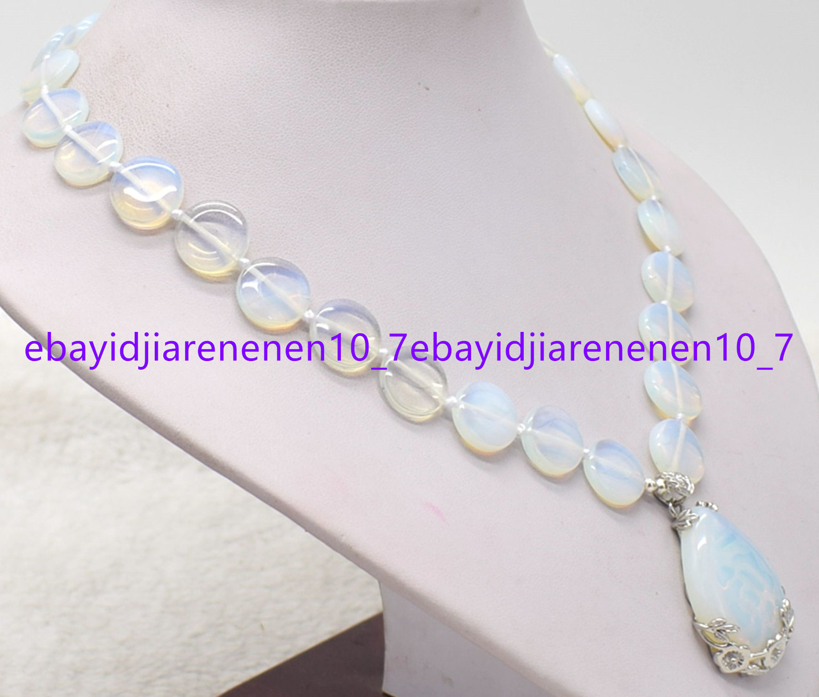 Natural White Moonstone Gemstone Coin Beads & Oval Pendant Necklace 18-24 in