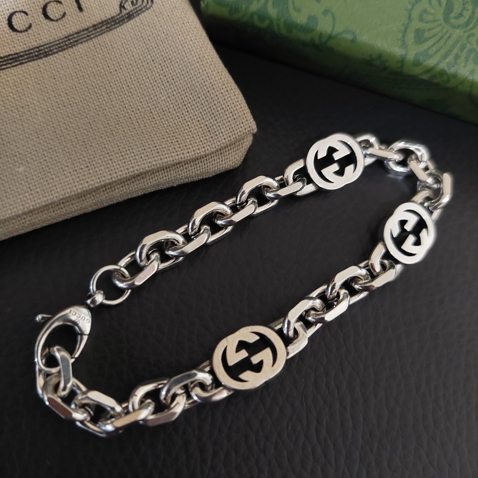 Gucci 925 Silver GG Oval Link Chain 18 Bracelet 7″