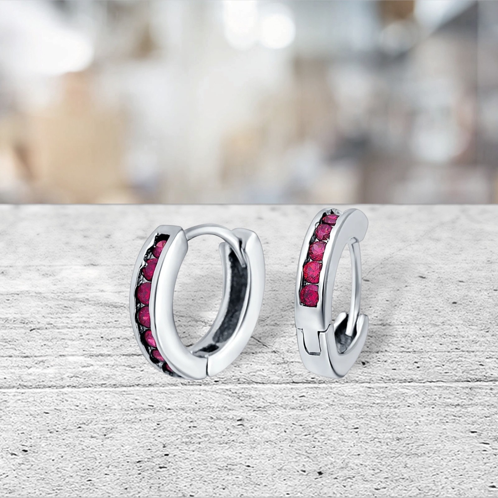 Genuine Ruby Huggie Hoop Channel Set Earrings in Solid Sterling Silver
