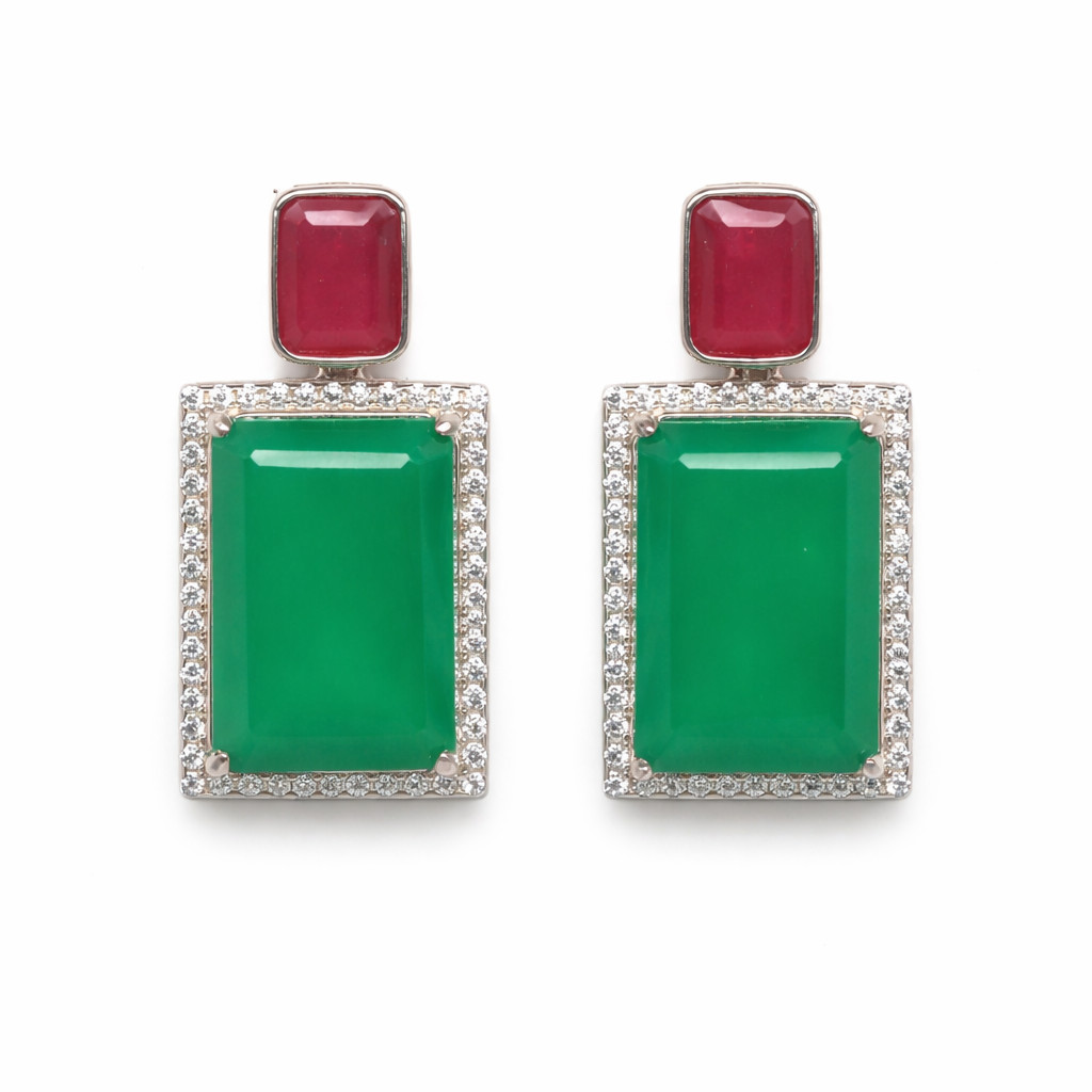 Thai Handmade 12 x 15 mm. Green Agate Ruby Zircon Earrings