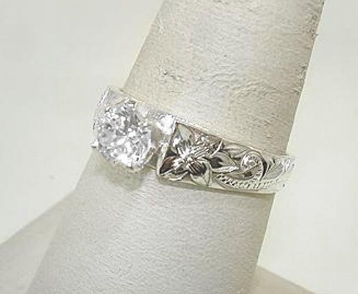SOLID 925 SILVER ENGRAVED HAWAIIAN HERITAGE SCROLLS 0.75CTS CZ FRENCH MOUNT RING