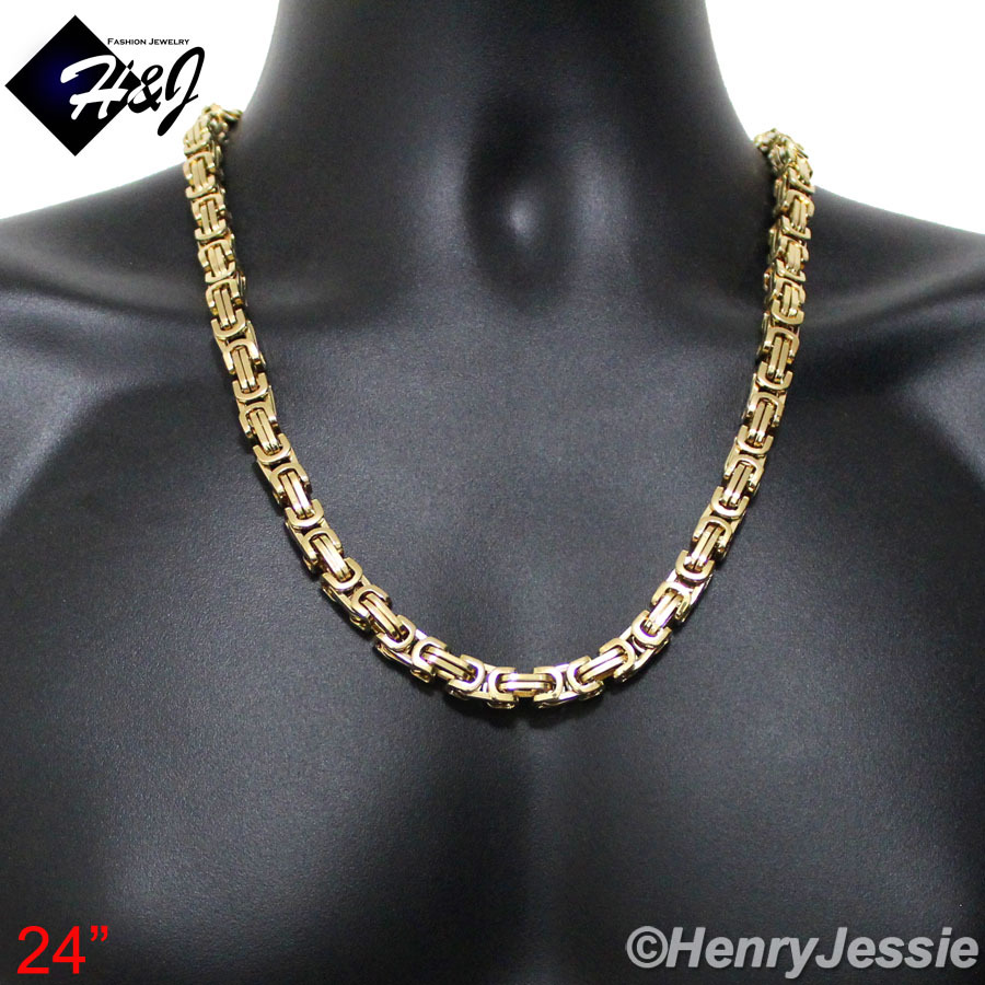 24″MEN Stainless Steel 9mm Gold Plated Byzantine Box Link Chain Necklace