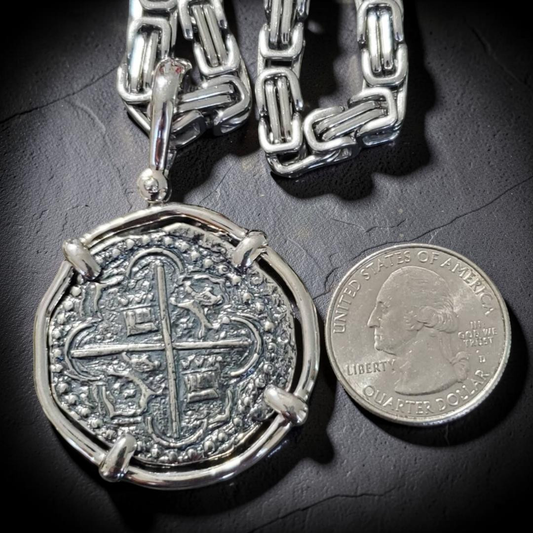 Large Atocha Silver Coin Pendant w Chain Oxidized Shipwreck Certificate