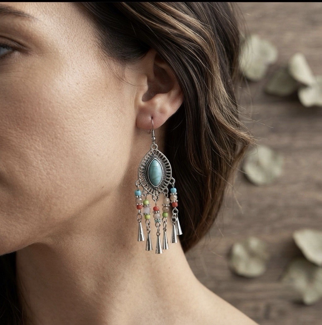Silver Tone Oval Chandelier Dangle Drop Earrings Multicolor Bead Fringe Hook