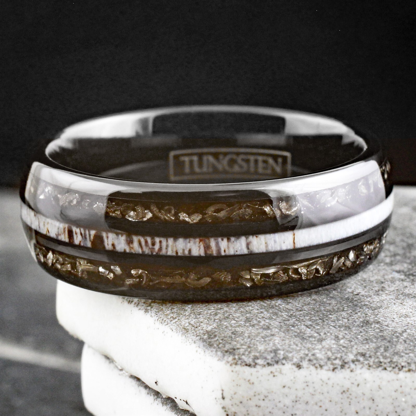 Personalized Black Tungsten Carbide Ring & Deer Antler & Meteorite Wedding Band