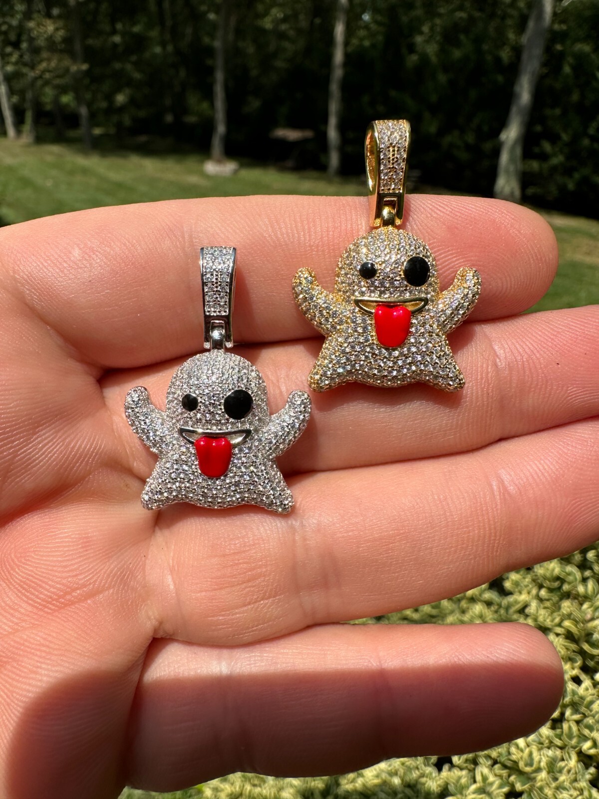 Real 925 Sterling Silver Gold Plated Snapchat Laughing Ghost Piece Pendant CZ