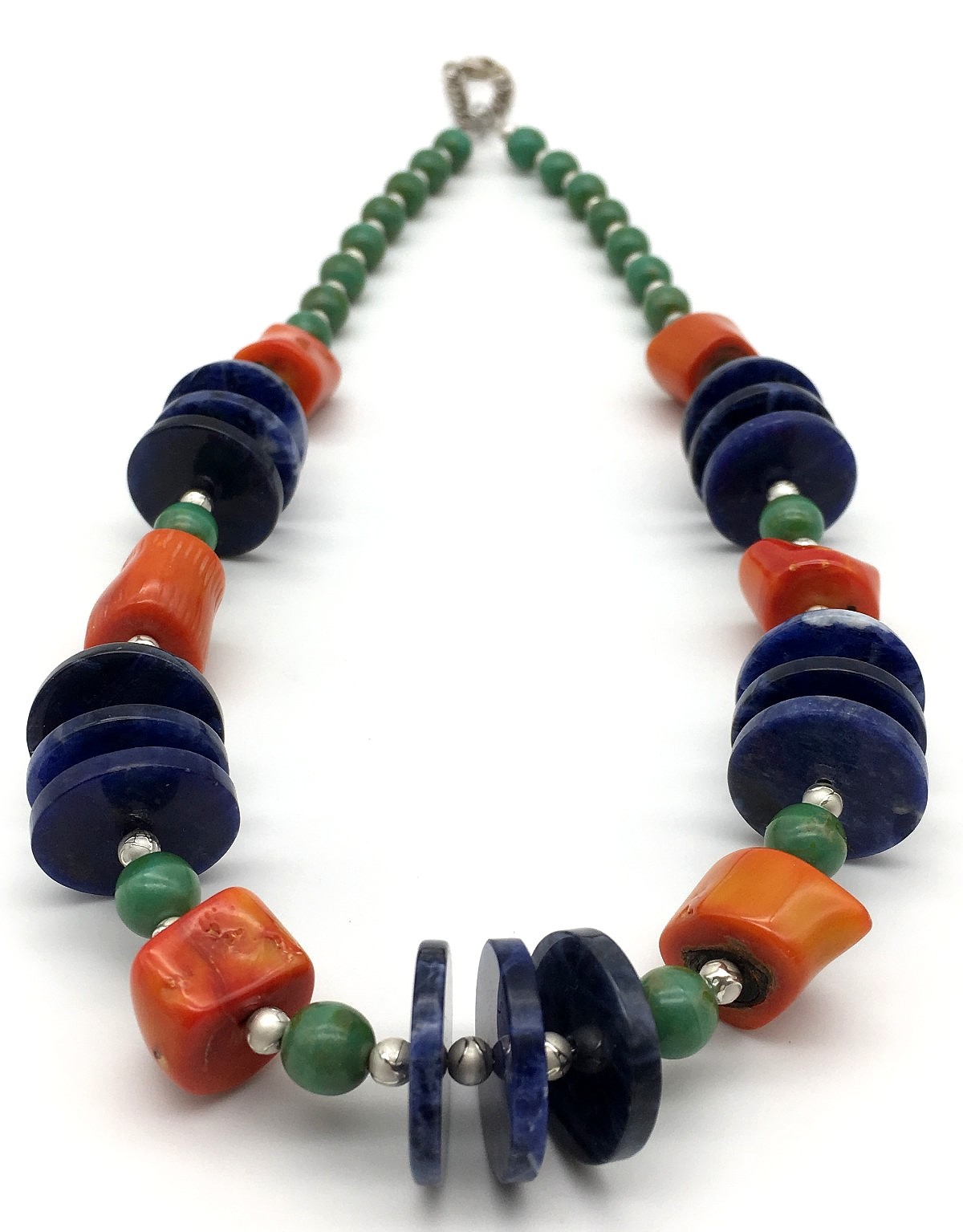 925 Lapis Discs Chalcedony Beads Coral Nuggets ST Etched Seed Beads 20″ Necklace