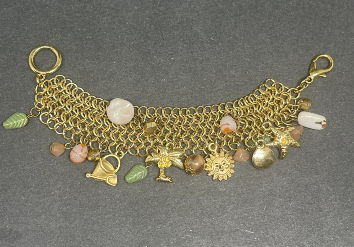 Vintage Gold Tone Beach Charm Mesh Chain Charm Bracelet Large Lobster Clasp 7″